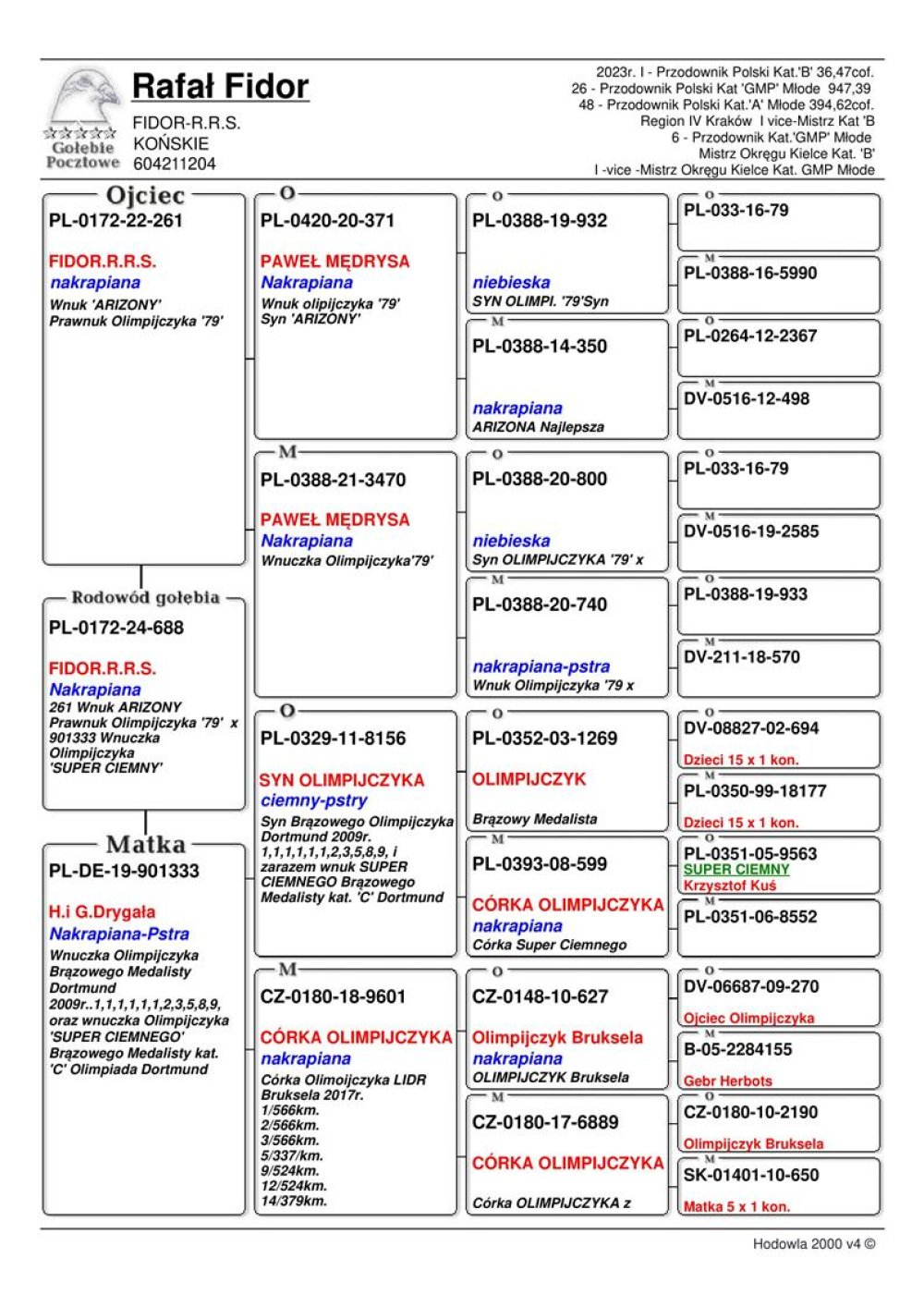 | DZIECKO ROZPŁODOWCA "261" - 100% PAWEŁ MĘDRYSA - WNUK KAPITALNEJ LOTNICZKI "ARIZONA" / PRAWNUK OLIMPIJCZYKA "79" | DZIECKO SAMICY ROZPŁODOWEJ "333" ORG. H. & G. DRYGAŁA - WNUCZKA BRĄZOWEGO MEDALISTY "1269" - DORTMUND 2009R - M.IN.: 6X 1KONKURS! / WNUCZKA OLIMPIJCZYKA Z BRUKSELI 2017R - "627" - M.IN.: 1, 2, 3, 5, 9, 12, 14.. |