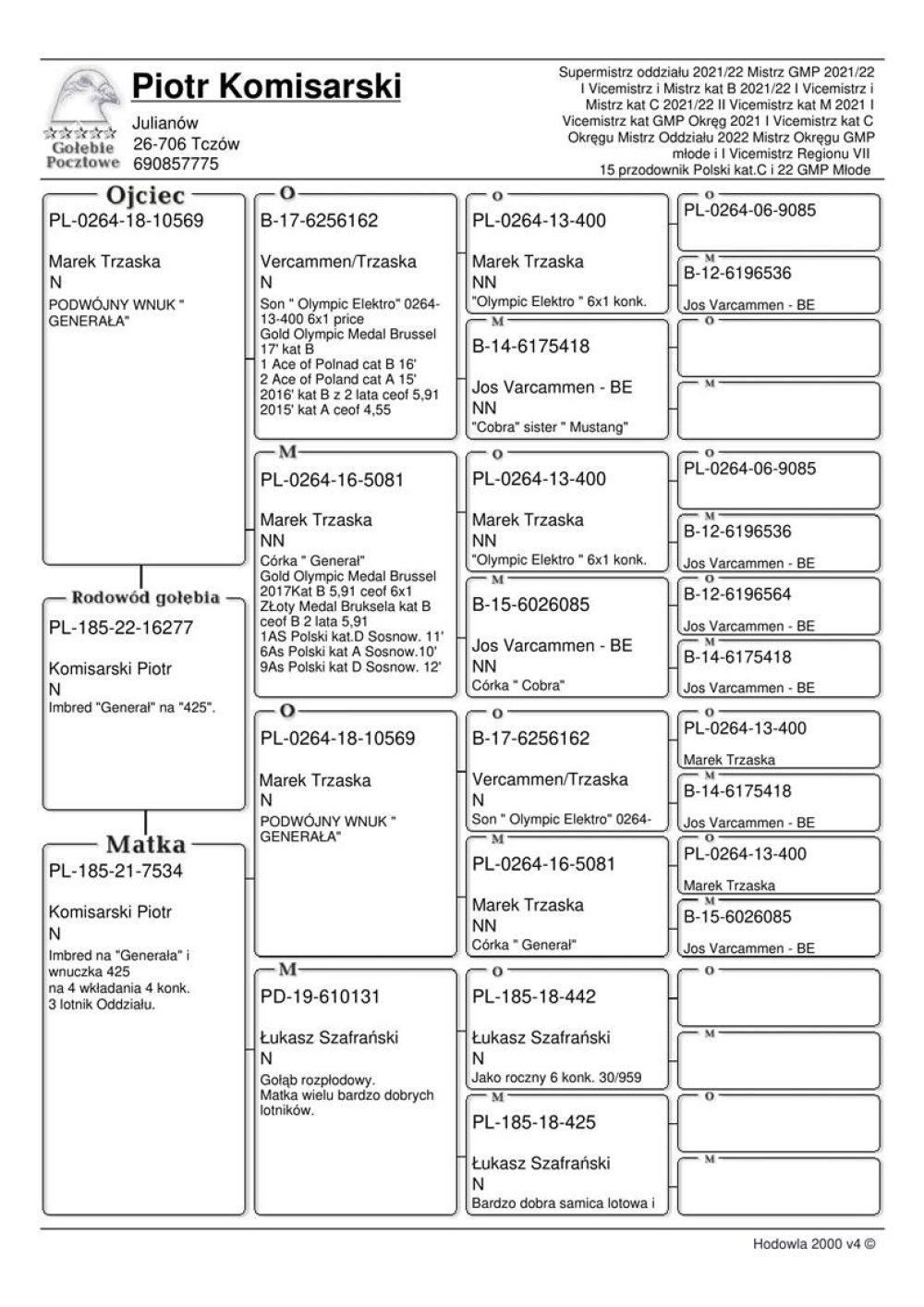 | INBRED PODSTAWOWEGO SAMCA ROZPŁODOWEGO HODOWLI "10569" ORG. MAREK TRZASKA - PODWÓJNY WNUK "GENERAŁA" | "10569" X JEGO CÓRKA "7534" - 3 MŁODA LOTNICZKA ODDZIAŁU 2021R |