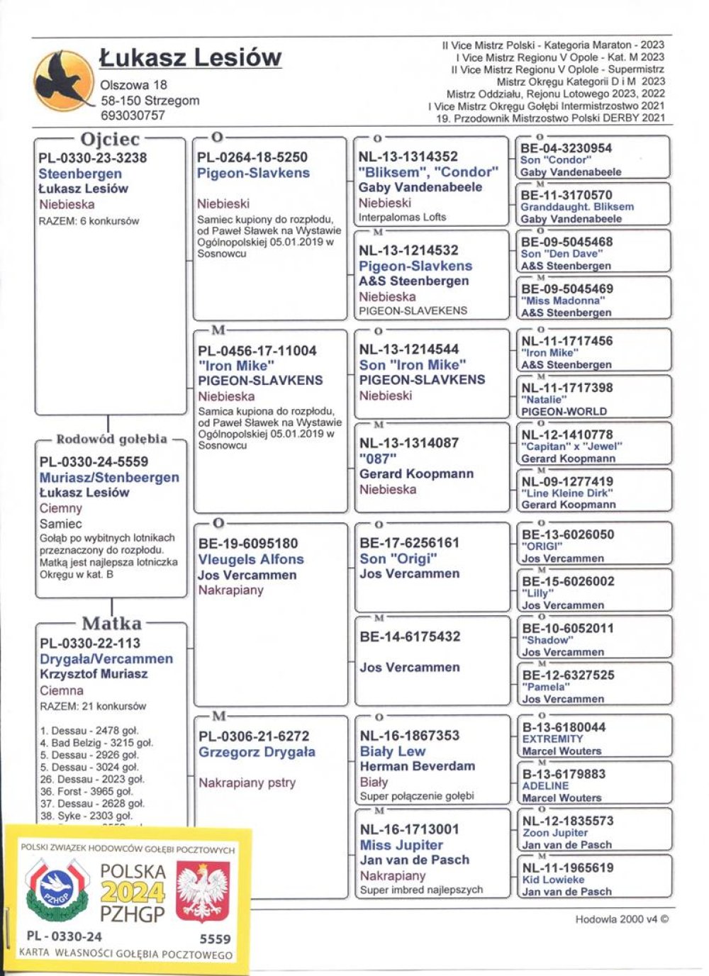 | CÓRKA WSPANIAŁEJ LOTNICZKI "113" ORG. KRZYSZTOF MURIASZ - NAJLEPSZA LOTNICZKA OKRĘGU WAŁBRZYCH 2024 W KAT. B - 3,35COEFF. / KAT. A - 3,35COEFF. - ZDOBYŁA M.IN.: 1, 4, 5, 5, 26, 36, 37, 38.. | CÓRKA ROCZNEGO LOTNIKA "3236" - JEST ON PEŁNYM BRATEM SUPER LOTNICZKI "7866" - ZDOBYŁA 39KONKURSÓW M.IN.: 4, 4, 5, 6, 6, 7, 9, 14, 19.. |